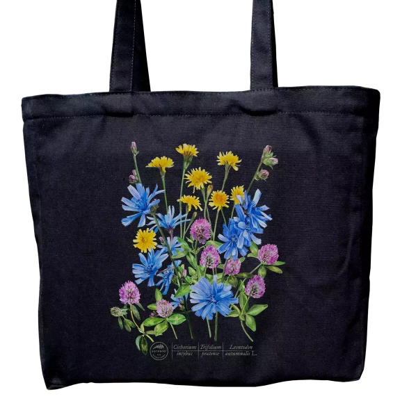 torba bawełniana z motywem roślinnym, bukiet — kwiaty przydrożne